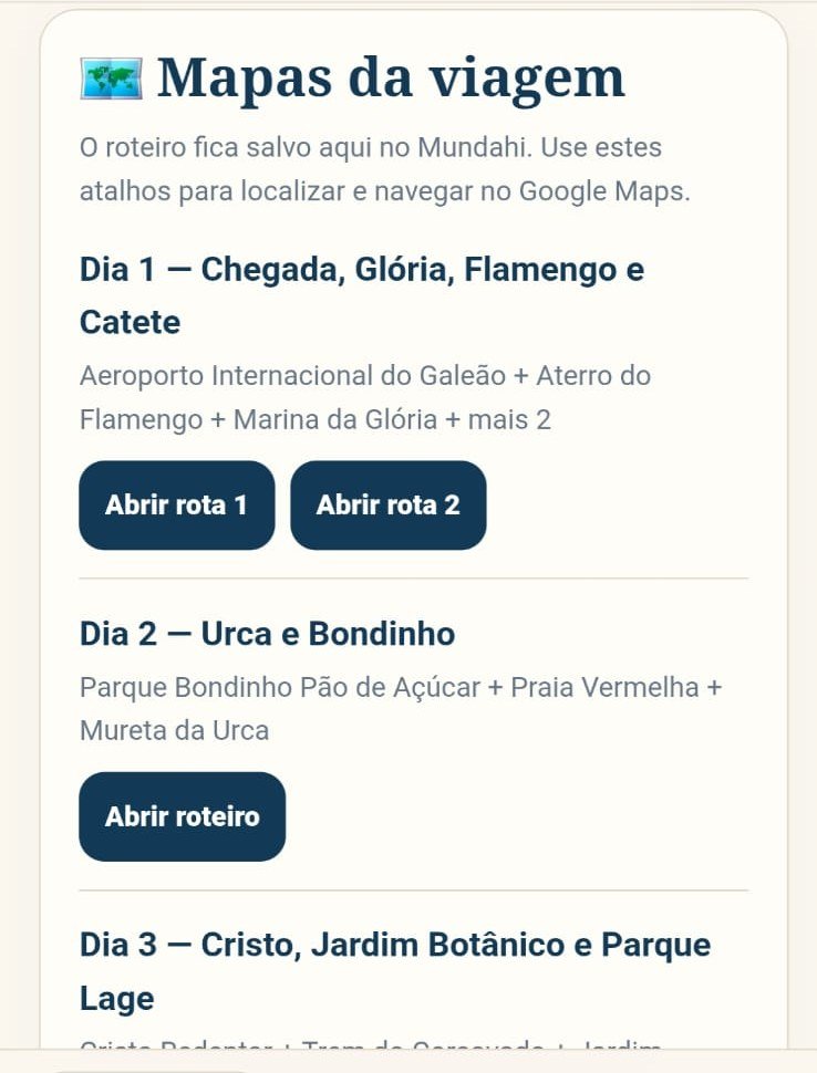 Tela do Guia Mundahi: Mapas da viagem, com botões para abrir a rota de cada dia.