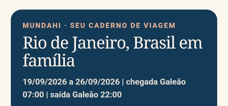 Tela do Guia Mundahi: capa do plano de viagem, com destino Rio de Janeiro, Brasil em família, datas e horários de chegada e saída.