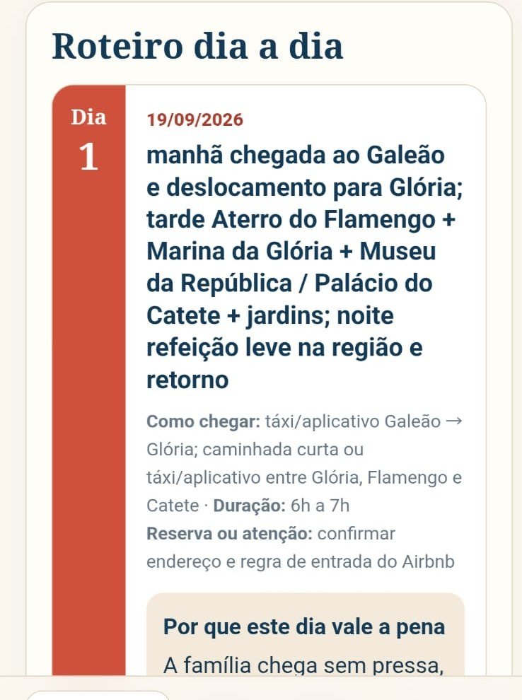 Tela do Guia Mundahi: roteiro dia a dia, com horários e passeios organizados por dia.