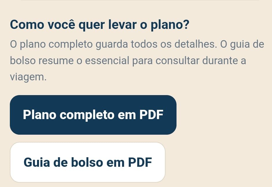 Tela do Guia Mundahi perguntando: Como você quer levar o plano? Com opções de baixar o plano completo em PDF ou o guia de bolso em PDF.